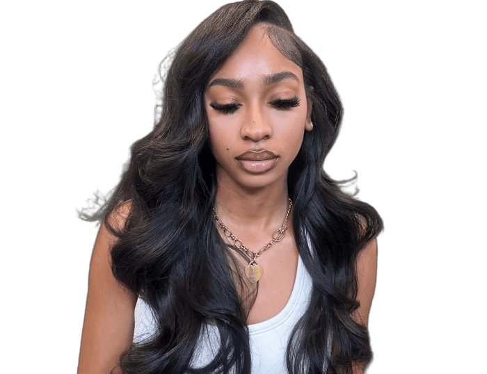 Elegant long wavy black hair with subtle highlights, perfect for a professional salon showcase.